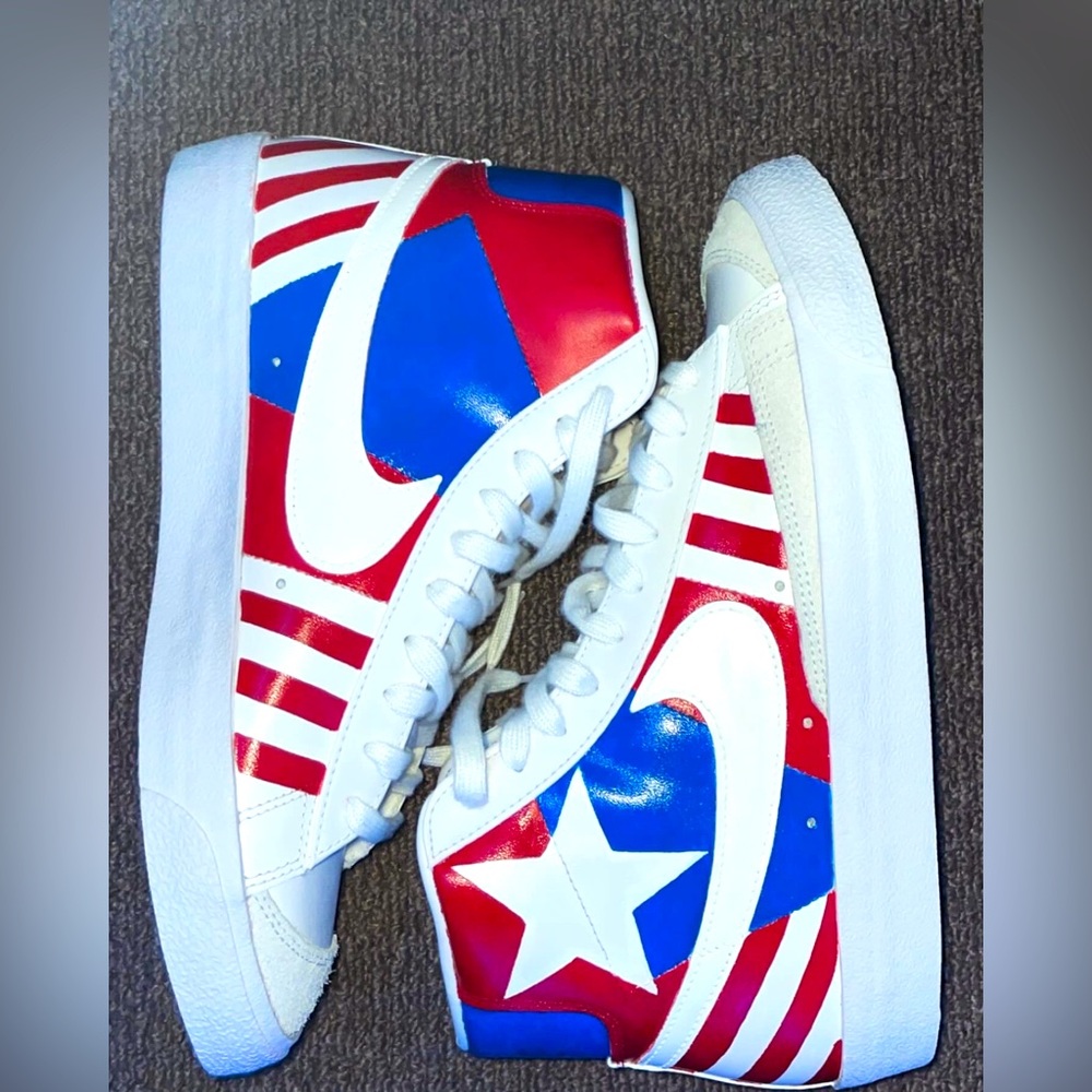 Size 10 custom red white and blue Nike Blazers.